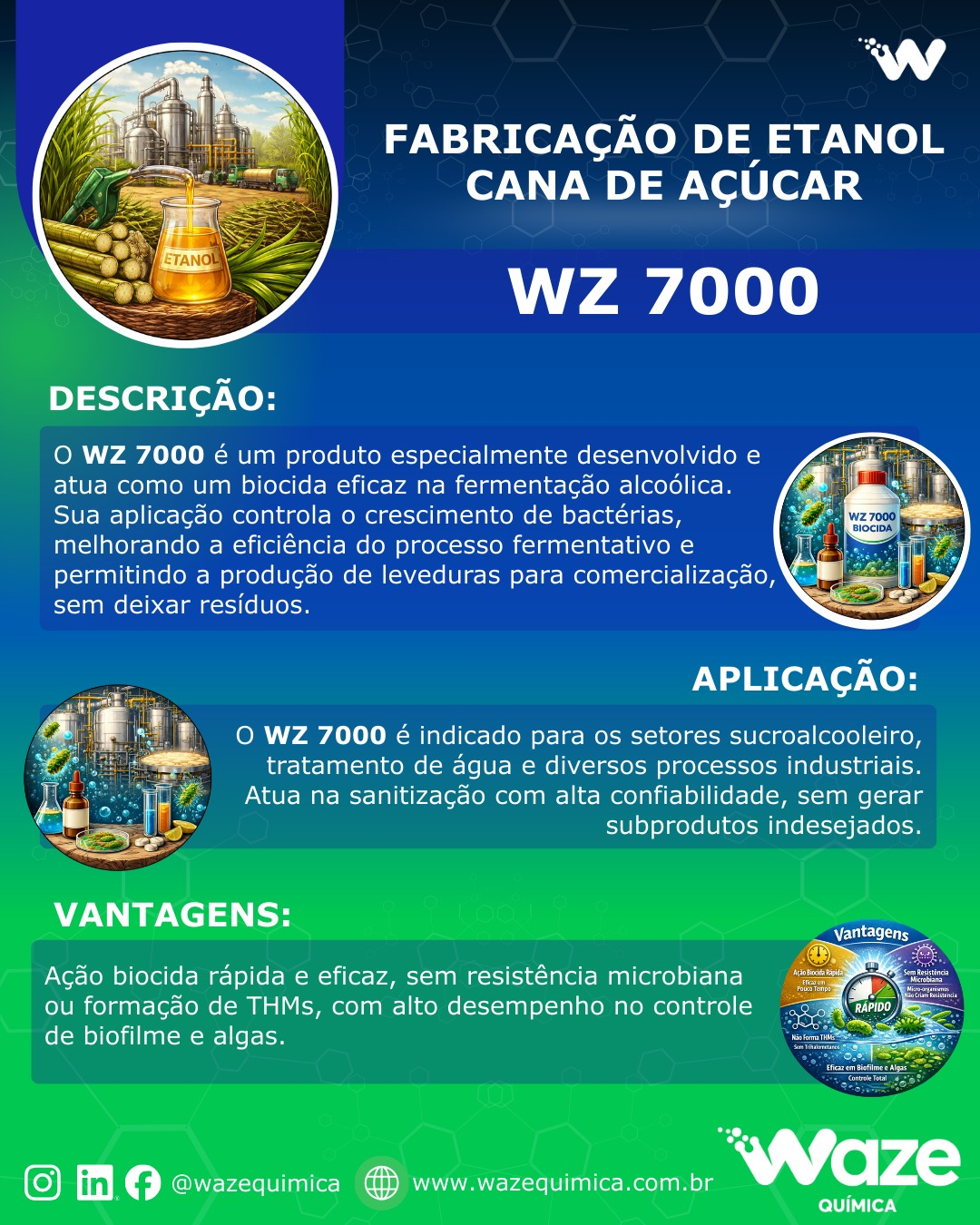 O WZ 7000 é um produto especialmente desenvolvido e atua como um biocida eficaz na fermentação alcoólica. Sua aplicação controla o crescimento de bactérias, melhorando a eficiência do processo fermentativo e permitindo a produção de leveduras para comercialização, sem deixar resíduos. Waze Química Telefone: (16) 3945-0000 WhatsApp: (16) 99704-3823 Rua Francisco Prizon, 134, R. Felisberto Tamião, 320 - Distrito Industrial III, Sertãozinho - SP, 14175-332.